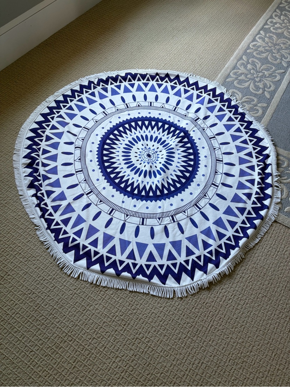 Blue and White Round Mandala Beach Towel